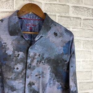 Visconti Black Night Shadow Blue Print Button Up Dress Shirt Mens XLT TALL